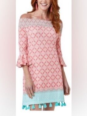 Cabana Life Pink Geometric Off-Shoulder Dress with Teal Tassel Hem